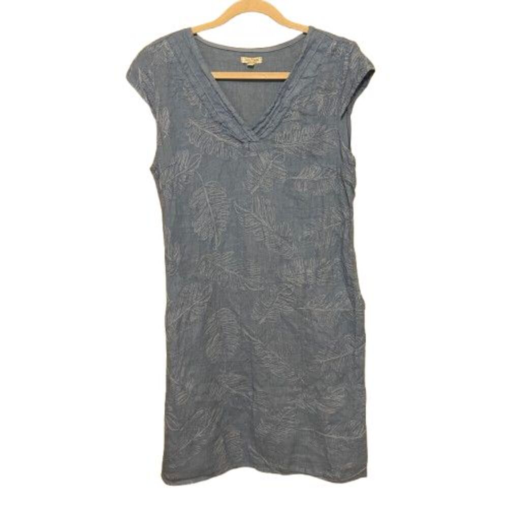 Lina Tomei 100% Linen Shift Dress Womens Large Blue Leaf Embroidered Pockets